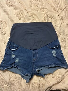 High-Waist Maternity Denim Shorts in Navy Panel